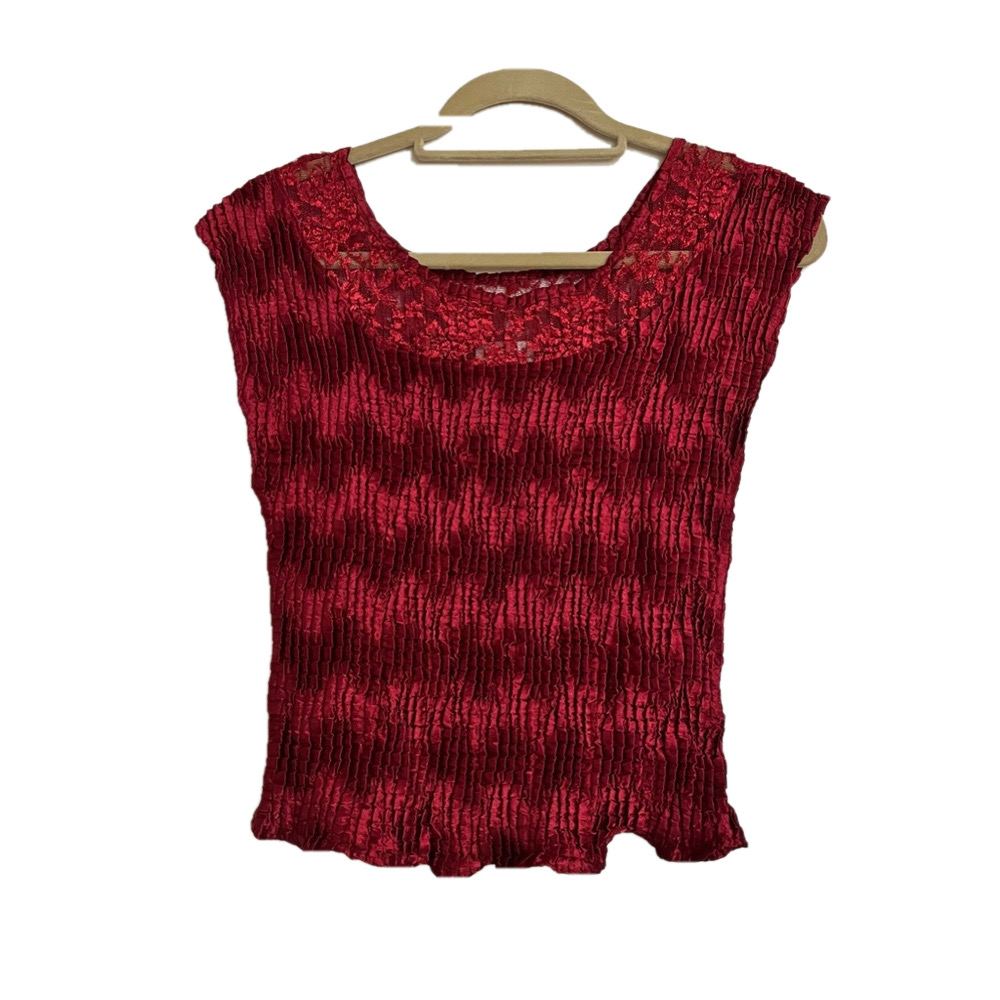 Nicola sleeveless carmine-red ruched top with lace detailing, size medium